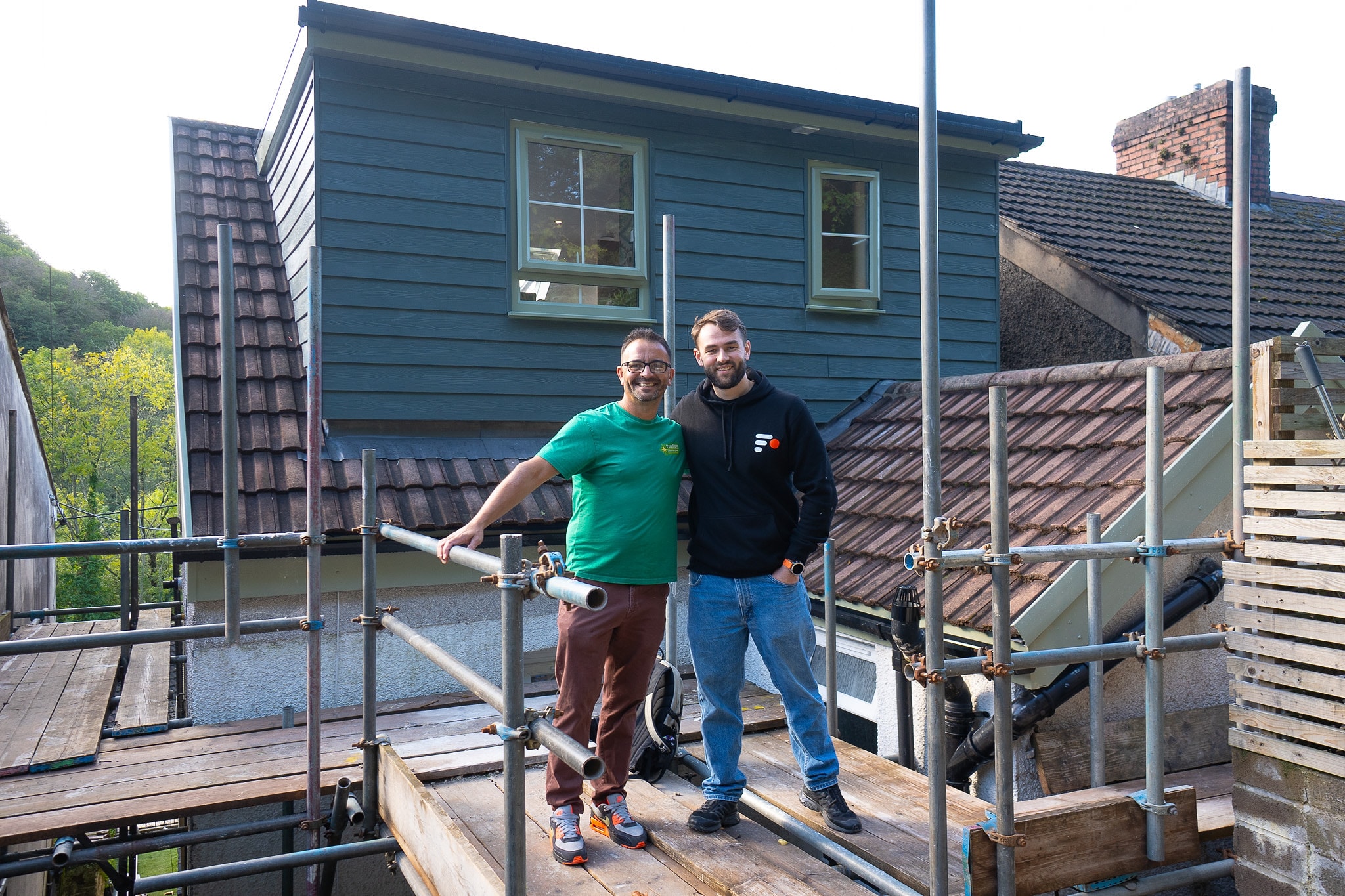 Luke Watkins and Gavin Morris of Paradigm Lofts on the scaffold of a dormer loft conversion